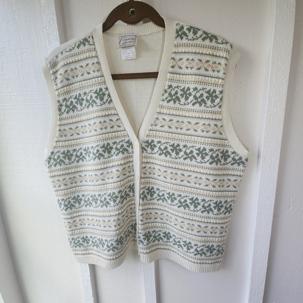 Company Collection Vintage Cream Green Vest Holliday Button Front Size XL
